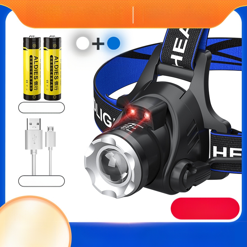 Κεφαλικός LED φακός T6 με ζουμ ρυθμιζόμενο, USB επαναφορτιζόμενος, ισχύς 10W и μπαταρία 1200mAh, περιστροφή 360°, εμβέλεια 100–200m