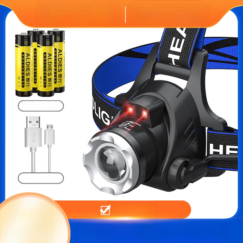 Κεφαλικός LED φακός T6 με ζουμ ρυθμιζόμενο, USB επαναφορτιζόμενος, ισχύς 10W и μπαταρία 1200mAh, περιστροφή 360°, εμβέλεια 100–200m