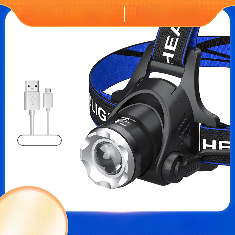 Κεφαλικός LED φακός T6 με ζουμ ρυθμιζόμενο, USB επαναφορτιζόμενος, ισχύς 10W и μπαταρία 1200mAh, περιστροφή 360°, εμβέλεια 100–200m