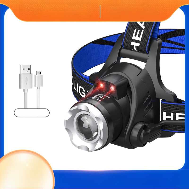 Κεφαλικός LED φακός T6 με ζουμ ρυθμιζόμενο, USB επαναφορτιζόμενος, ισχύς 10W и μπαταρία 1200mAh, περιστροφή 360°, εμβέλεια 100–200m