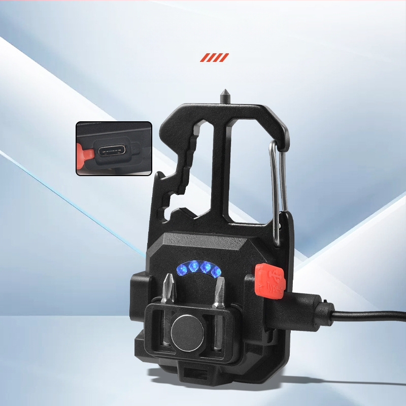 Išorinis nešiojamas raktų pakabuko žibintas, daugiafunkcinis avarinis apšvietimas ir darboji šviesa, COB LED, 3W, įkraunamas, aliuminio+ABS korpusas, 400 mA akumuliatorius, veikimo diapazonas 100–200 m