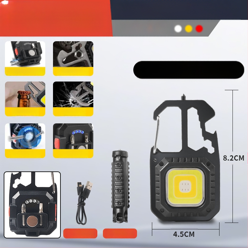 Išorinis nešiojamas raktų pakabuko žibintas, daugiafunkcinis avarinis apšvietimas ir darboji šviesa, COB LED, 3W, įkraunamas, aliuminio+ABS korpusas, 400 mA akumuliatorius, veikimo diapazonas 100–200 m