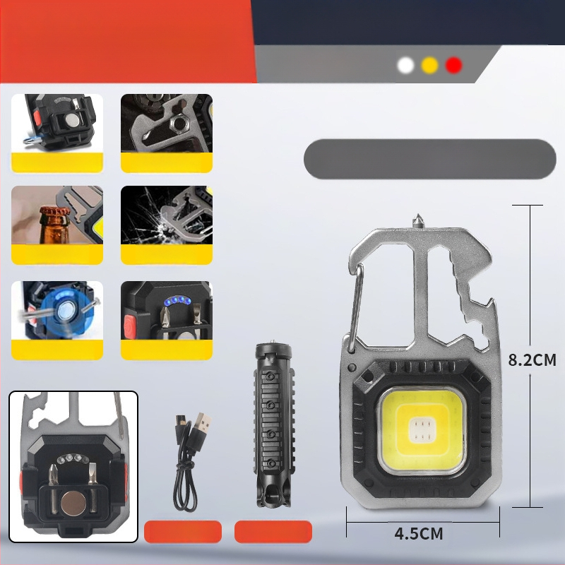 Išorinis nešiojamas raktų pakabuko žibintas, daugiafunkcinis avarinis apšvietimas ir darboji šviesa, COB LED, 3W, įkraunamas, aliuminio+ABS korpusas, 400 mA akumuliatorius, veikimo diapazonas 100–200 m