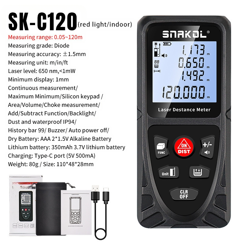 SNAKOL лазерен измервател на разстояние SK-C120, висока прецизност на IR измерване, дигитален линеен инструмент, двойно захранване, обхват 120 m