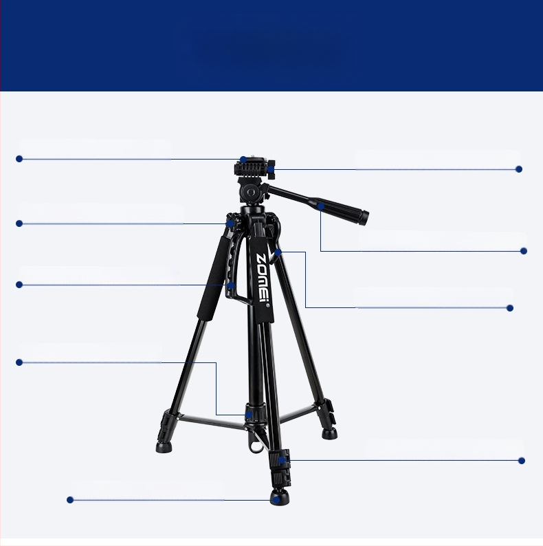 ZoMei statīvs ar 3D galvu, alumīnija sakausējums, 4 sadaļas kājas, slodze 2–5 kg, ātra atbrīvošanas plāksne