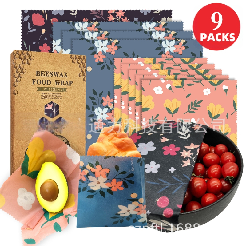 Beekinn восъчни обвивки за храна, комплект от 9 броя, плат с восъчно покритие, хранителен клас, опаковка от хартия