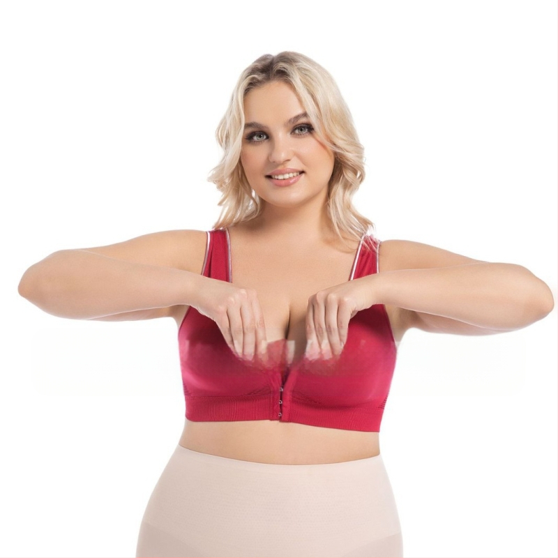 Ασύρματος σουτιέν με μπροστινό κούμπωμα και ανοικτό πίσω, διαπνοή και άνεση; Κούπα 3/4 με επένδυση από σφουγγάρι που διαμορφώνεται; Ύφασμα νάιλον με 50–70% ελαστάνη; επικάλυψη 30–50% ελαστάνη