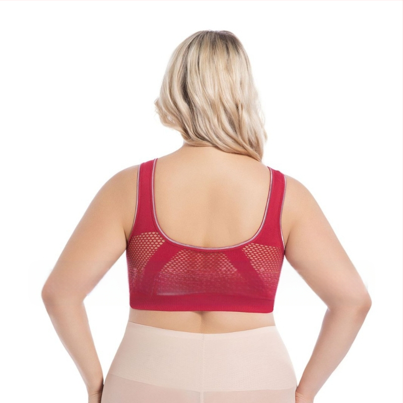 Ασύρματος σουτιέν με μπροστινό κούμπωμα και ανοικτό πίσω, διαπνοή και άνεση; Κούπα 3/4 με επένδυση από σφουγγάρι που διαμορφώνεται; Ύφασμα νάιλον με 50–70% ελαστάνη; επικάλυψη 30–50% ελαστάνη