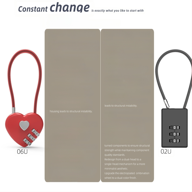 Srcolasti mehanički katanc s lozinkom 06U – cinkov legura, za školske torbe, prtljagu i torbe za teretanu; debljina zaključnog štapa 4 mm, razmak šipki 15 mm