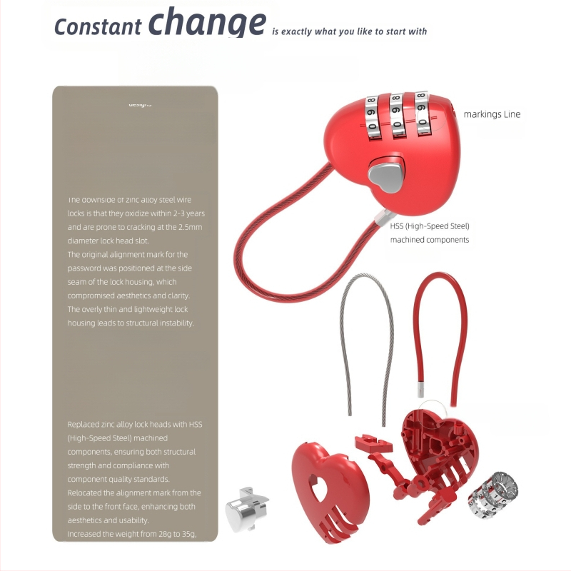 Srcolasti mehanički katanc s lozinkom 06U – cinkov legura, za školske torbe, prtljagu i torbe za teretanu; debljina zaključnog štapa 4 mm, razmak šipki 15 mm