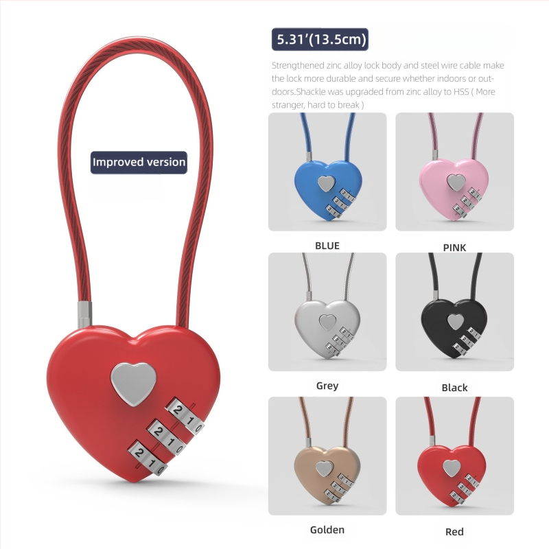 Srcolasti mehanički katanc s lozinkom 06U – cinkov legura, za školske torbe, prtljagu i torbe za teretanu; debljina zaključnog štapa 4 mm, razmak šipki 15 mm