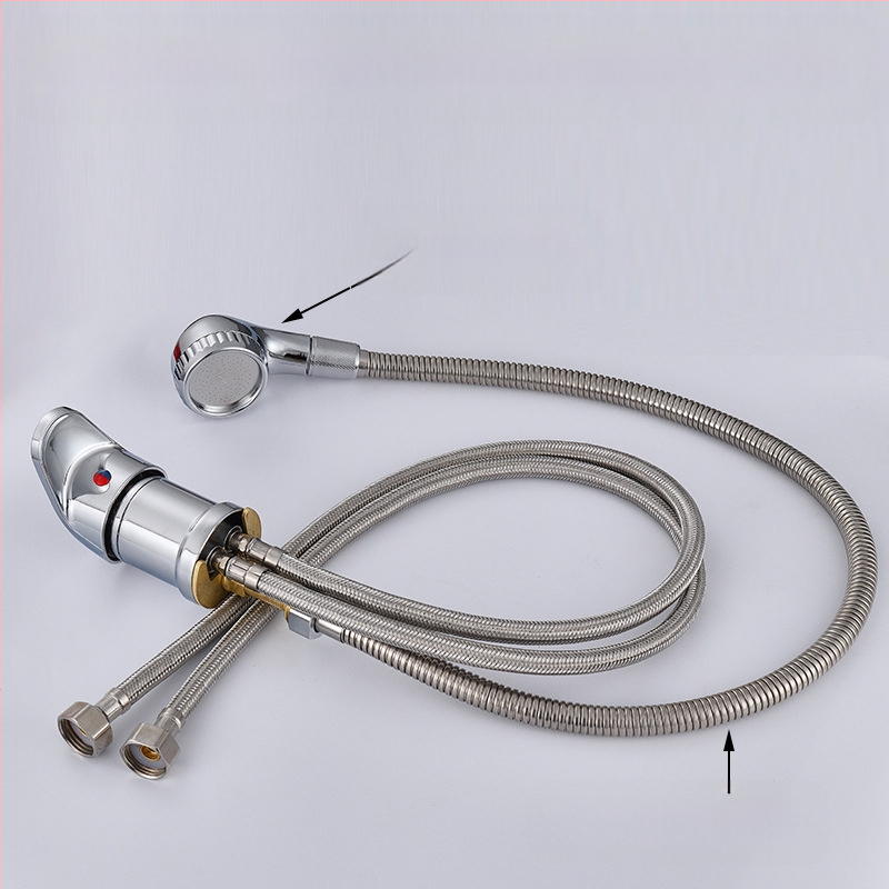 Sampont mosó csap meleg/hideg keverő szeleppel és nyomás alatti zuhanyfejjel | anyag: cinkötvözet | FCC tanúsítvány | kimenet: 6 | funkciók: keverés, késleltetés, húzás