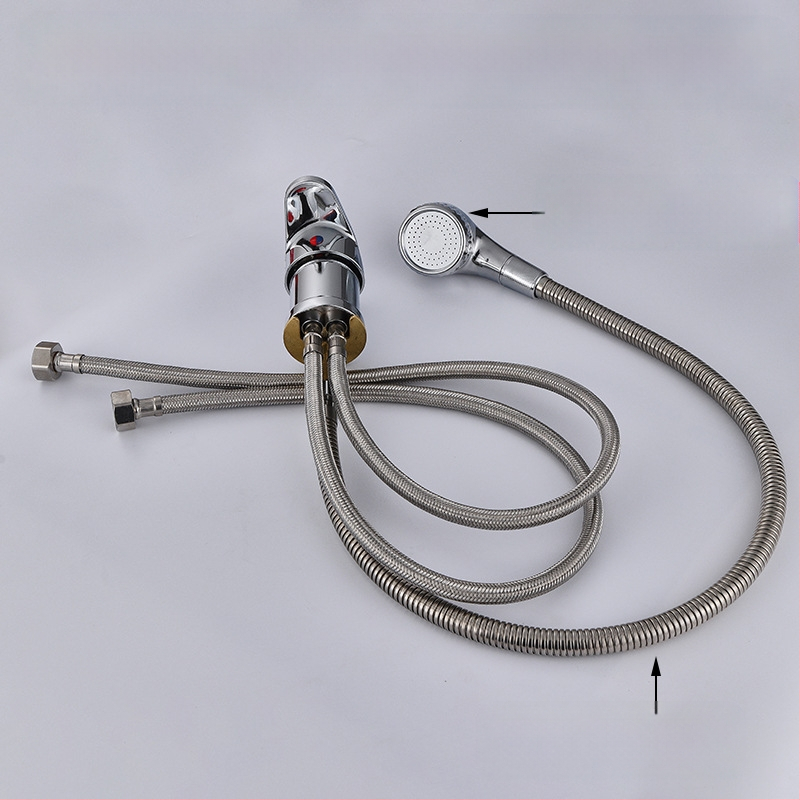 Sampont mosó csap meleg/hideg keverő szeleppel és nyomás alatti zuhanyfejjel | anyag: cinkötvözet | FCC tanúsítvány | kimenet: 6 | funkciók: keverés, késleltetés, húzás