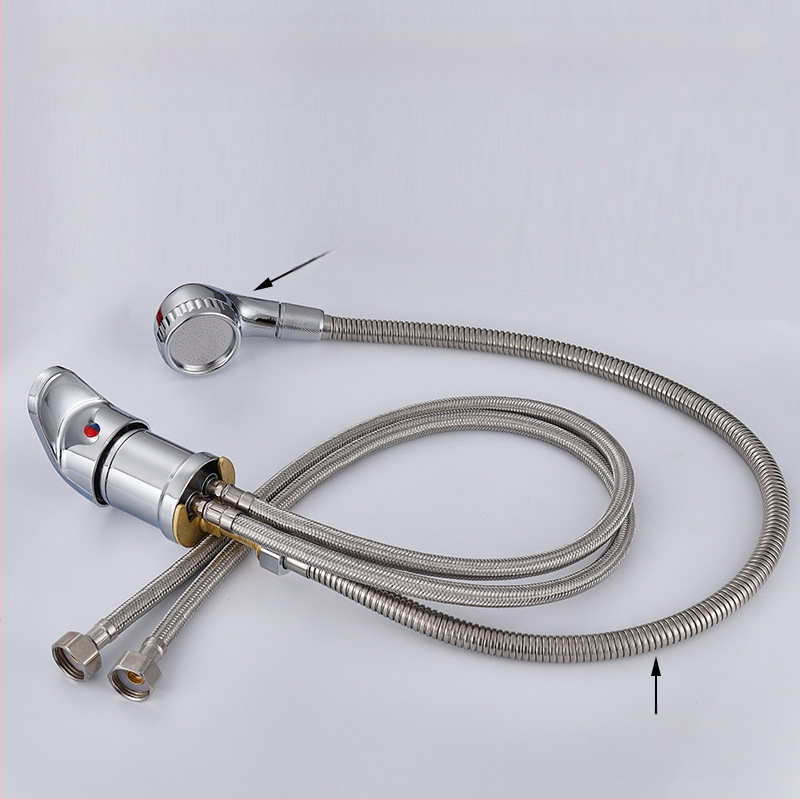 Sampont mosó csap meleg/hideg keverő szeleppel és nyomás alatti zuhanyfejjel | anyag: cinkötvözet | FCC tanúsítvány | kimenet: 6 | funkciók: keverés, késleltetés, húzás