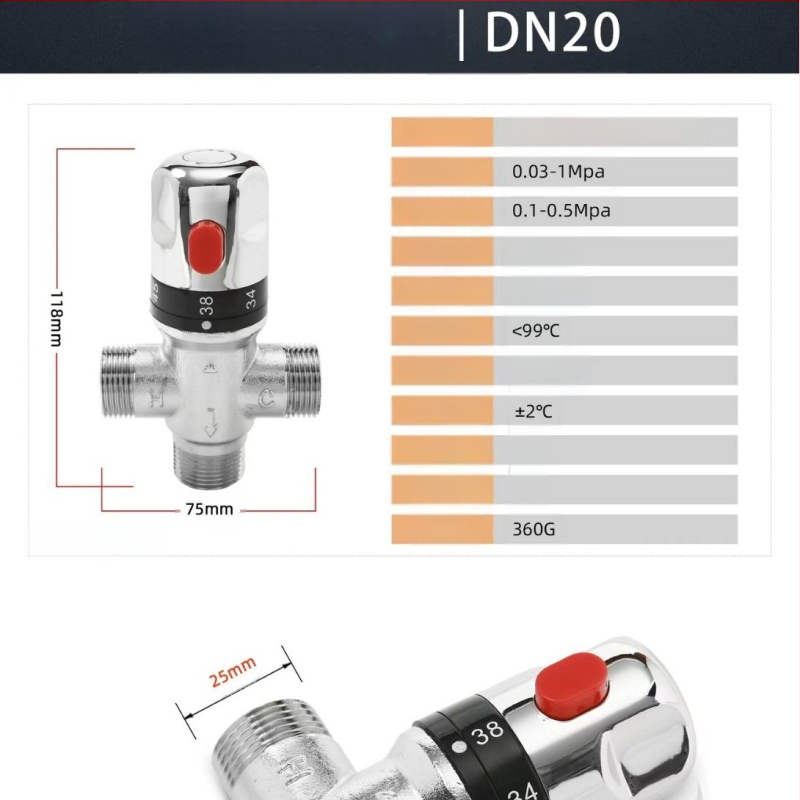Žalvarinis termosistatinis maišymo vožtuvas virtuvei ir voniai, išėjimas G1/2, slėgis 0,1–1 MPa, šalta 0–30°C, karšta 45–80°C