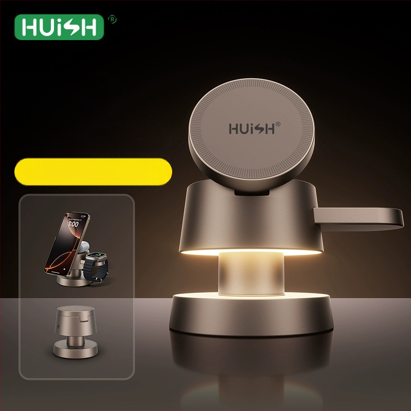 Alumīnija sakausējuma četrās vienā galda bezvadu uzlādes lasīšanas lampa ar sēņu dizainu, saderīga ar Apple magnētisko saliekamo uzlādi QC3.0 15W CE FCC ROHS