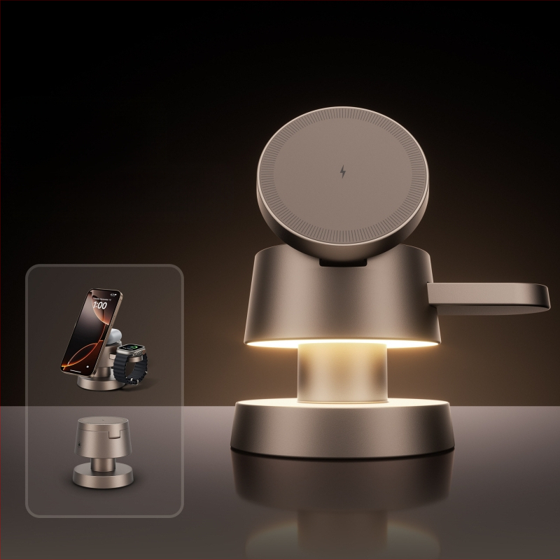 Aliuminio lydinio keturi viename stalinis belaidžio įkrovimo skaitymo šviestu, grybų dizaino, suderinamas su Apple magnetiniu sulankstomu įkrovikliu QC3.0 15W CE FCC ROHS