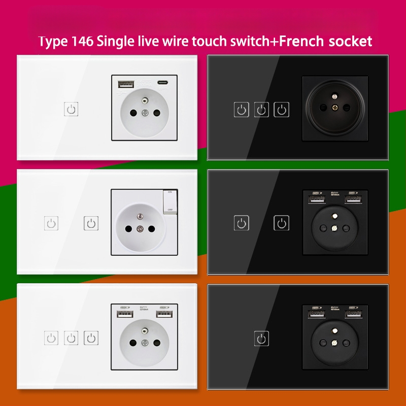 146-típusú érintő-panel 1/2/3 kapcsolóval, francia szabványú kettős USB aljzat, falon történő szerelés, 16A