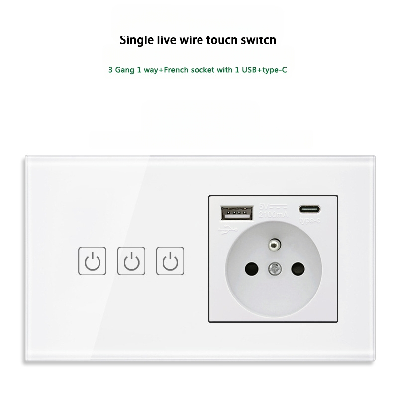 146 tipo liečiamasis jungiklio skydelis su 1/2/3 jungikliais, Prancūzijos standarto dvigubos USB lizdų panelė, sienos montavimas, 16A