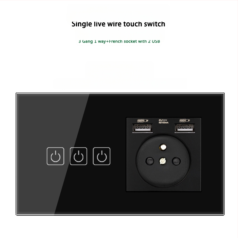 146 tipo liečiamasis jungiklio skydelis su 1/2/3 jungikliais, Prancūzijos standarto dvigubos USB lizdų panelė, sienos montavimas, 16A