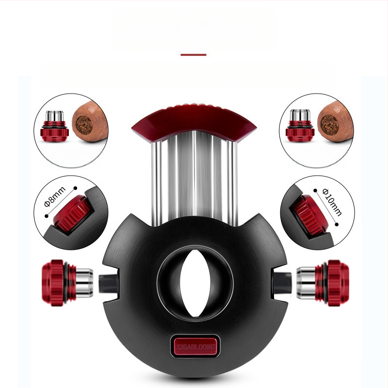 Cigāru šķēres ar V-veida nerūsējošā tērauda asmeni un slēgtu divu diametru urbjamo asmeni – roku darbs, pielāgojamas