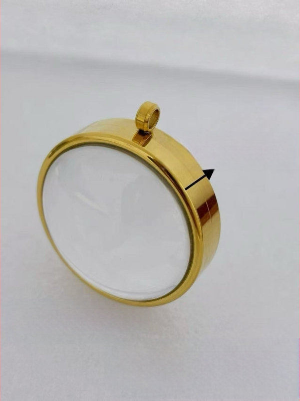 Geometrinis pakabukas iš nerūdijančio plieno su skaidria išgaubta kapsule mineralinėms kristalams, elektroplatinavimas, neblunka