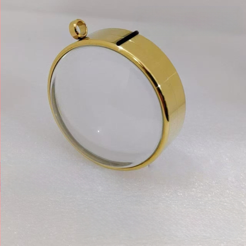 Geometrinis pakabukas iš nerūdijančio plieno su skaidria išgaubta kapsule mineralinėms kristalams, elektroplatinavimas, neblunka