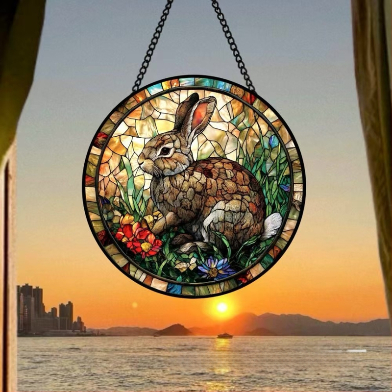 Κύκλική γυάλινη διακοσμητική κρεμαστή διακόσμηση πόρτας Πάσχα με κουνελάκι και αυγό, ρετρό βιτρά, συλλέκτης ήλιου με ψηφιακή εκτύπωση