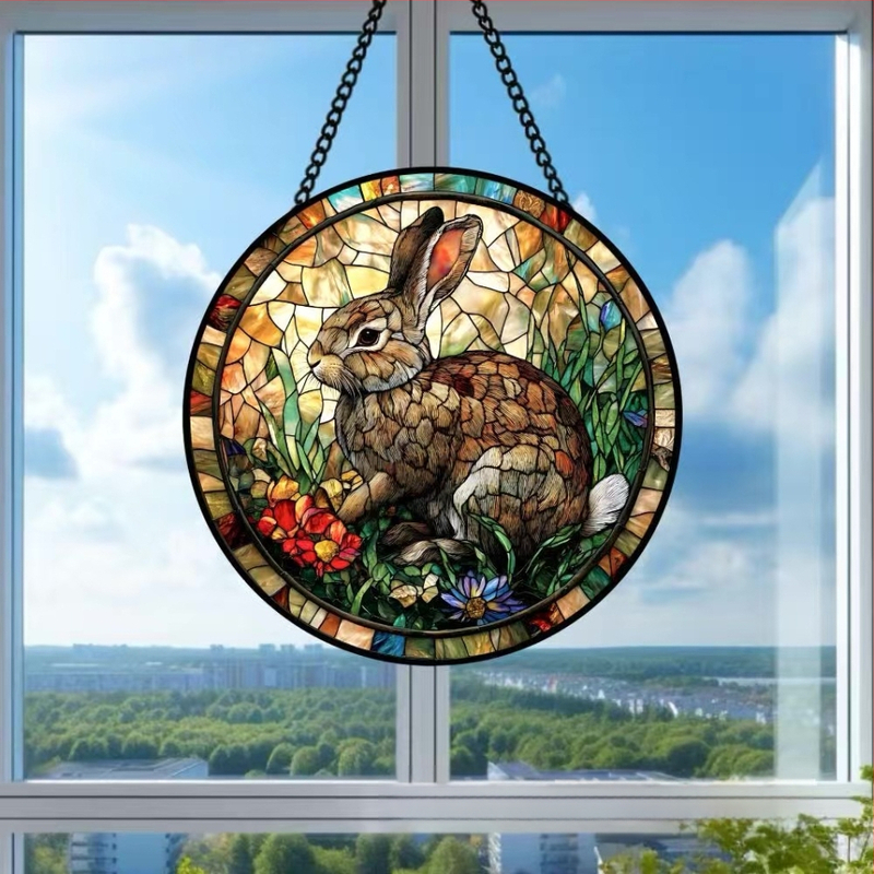 Κύκλική γυάλινη διακοσμητική κρεμαστή διακόσμηση πόρτας Πάσχα με κουνελάκι και αυγό, ρετρό βιτρά, συλλέκτης ήλιου με ψηφιακή εκτύπωση