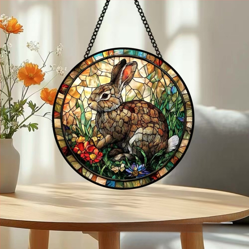 Κύκλική γυάλινη διακοσμητική κρεμαστή διακόσμηση πόρτας Πάσχα με κουνελάκι και αυγό, ρετρό βιτρά, συλλέκτης ήλιου με ψηφιακή εκτύπωση