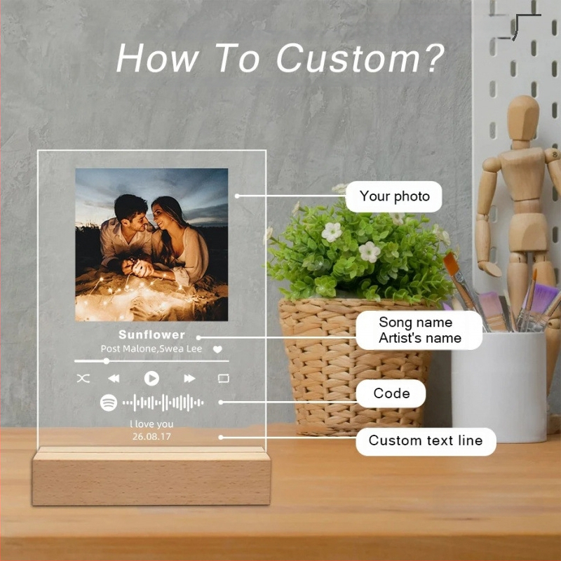 Акрилна музикална нощна лампа с фоторамка, дървена основа, модел YYDP, модерен минималистичен стил