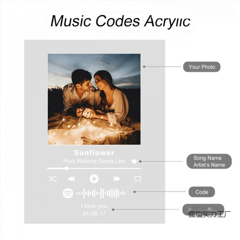 Акрилна музикална нощна лампа с фоторамка, дървена основа, модел YYDP, модерен минималистичен стил