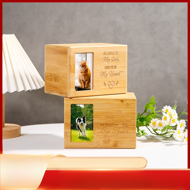 Urnă pentru animale de companie, cutie din lemn pentru incinerare câine, lemn natural, proces de sculptură, tapițerie interioară personalizabilă, sigla personalizabilă