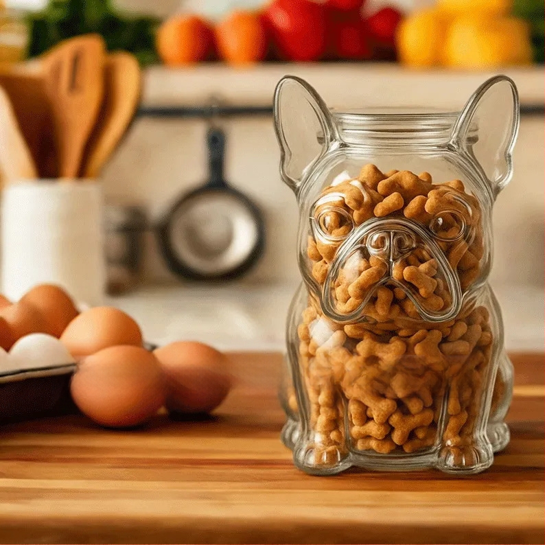 Junda stiklo užkandžių indas augintiniams — šiuolaikinis minimalistinis dizainas, talpa 250 ml, vienos spalvos raštas, saugojimui