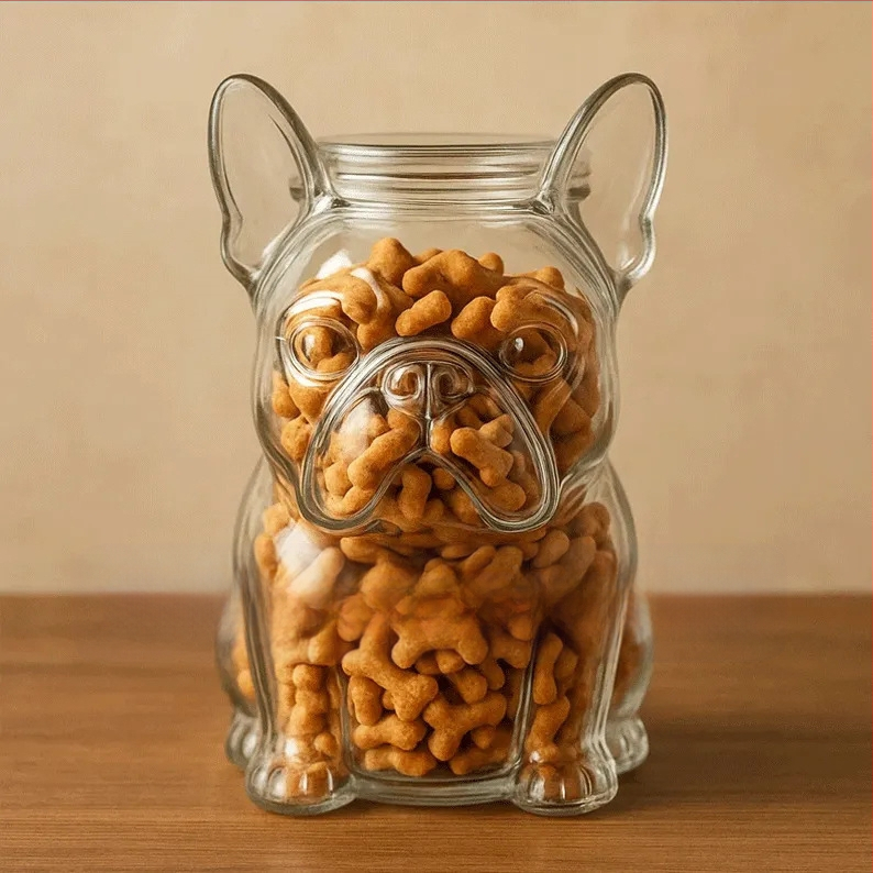 Junda stiklo užkandžių indas augintiniams — šiuolaikinis minimalistinis dizainas, talpa 250 ml, vienos spalvos raštas, saugojimui