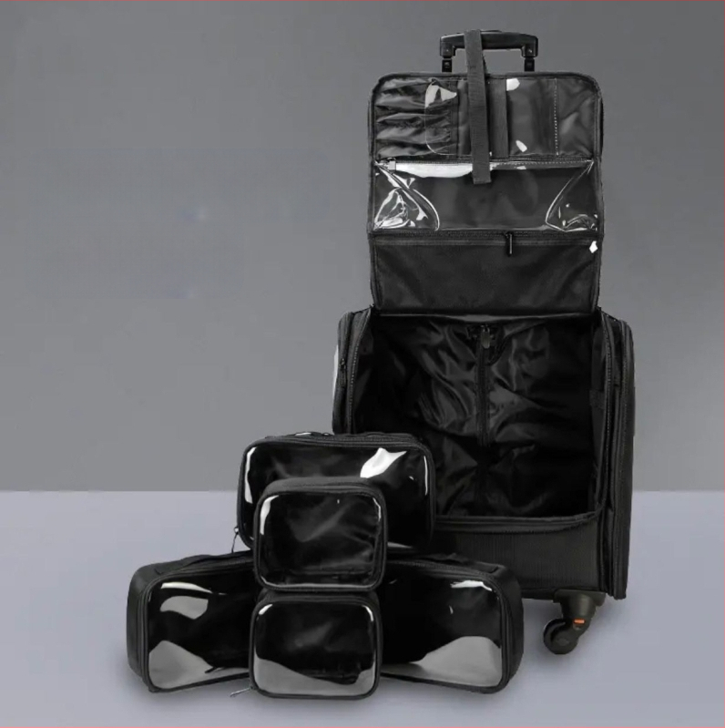 Profesionalus makiažo krepšys su traukimo lazdele, didelė talpa, Oxford audinys, užtrauktukas, namų saugojimui