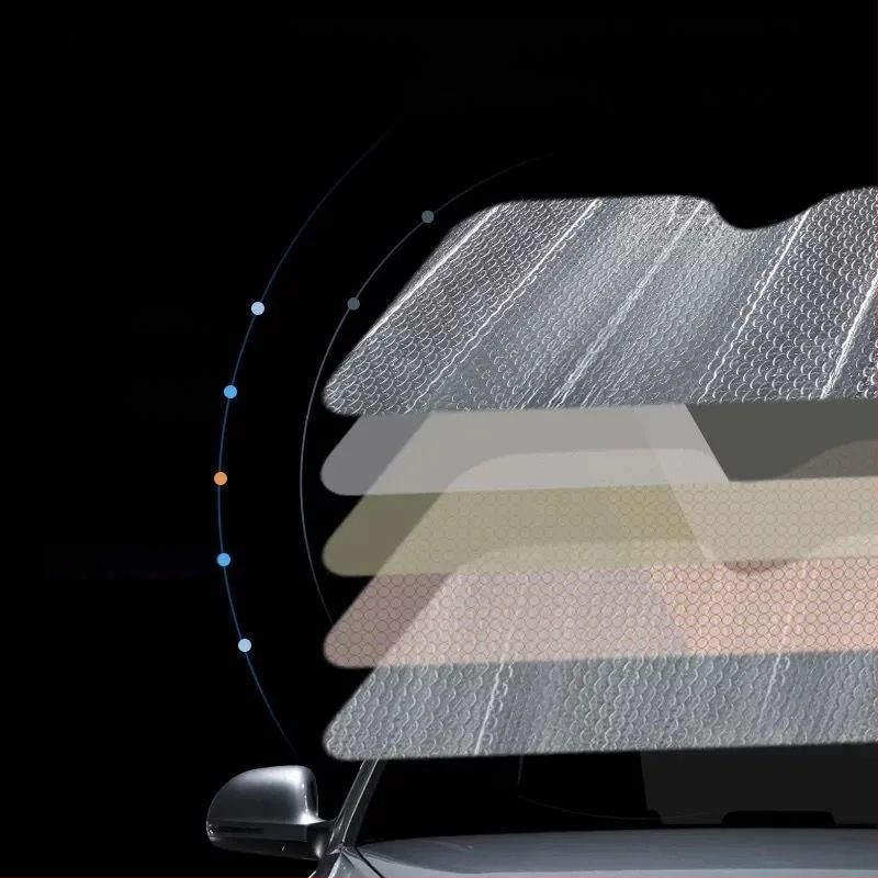 Pluche automobilio priekinio stiklo skydelis, aliuminio folija, automatiškai išsitiesiantis, tvirtinimas statiniu lipu, universalus suderinamumas