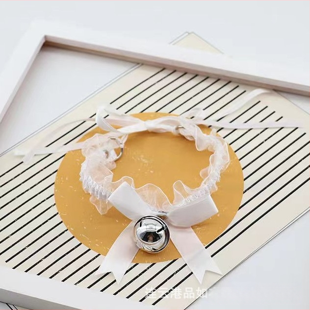 Colier choker din dantelă cu clopoțel, formă fundă, perle artificiale, stil desen animat