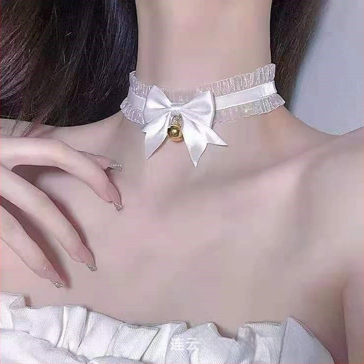 Colier choker din dantelă cu clopoțel, formă fundă, perle artificiale, stil desen animat