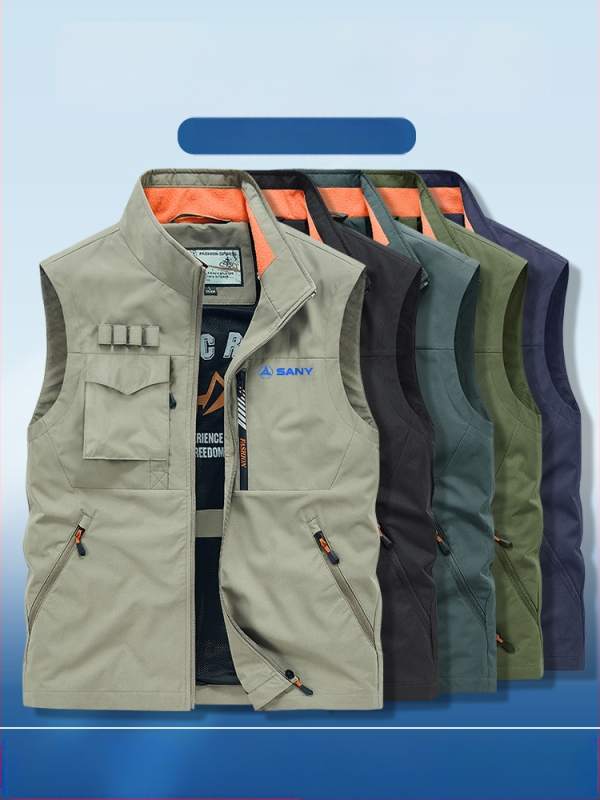 Darbinė liemenė su stačiu kaklu ir priekinė užtrauktuku, poliesterio audinys, spauda dažymas, pavasaris-ruduo