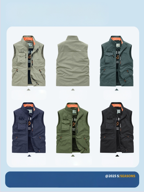 Darbinė liemenė su stačiu kaklu ir priekinė užtrauktuku, poliesterio audinys, spauda dažymas, pavasaris-ruduo