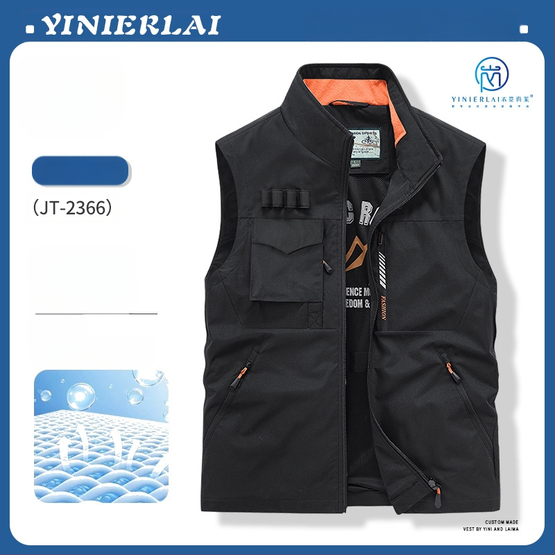 Darbinė liemenė su stačiu kaklu ir priekinė užtrauktuku, poliesterio audinys, spauda dažymas, pavasaris-ruduo