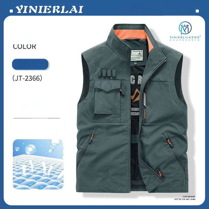 Darbinė liemenė su stačiu kaklu ir priekinė užtrauktuku, poliesterio audinys, spauda dažymas, pavasaris-ruduo