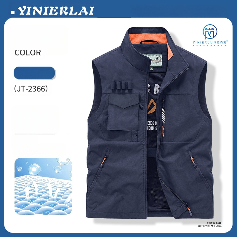 Darbinė liemenė su stačiu kaklu ir priekinė užtrauktuku, poliesterio audinys, spauda dažymas, pavasaris-ruduo