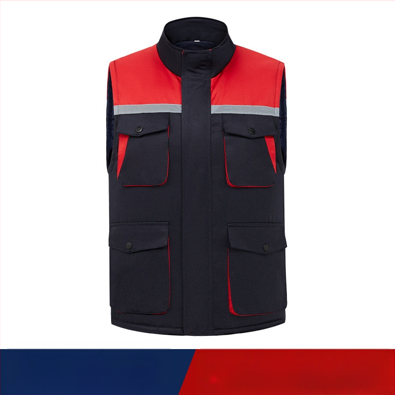 Žieminė storesnė medvilninė liemenė darbui, su stovinčiu apykakliliu, užtrauktuku, keliomis kišenėmis, tiesia apdaila