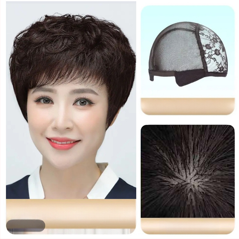 Женска перука от естествена човешка коса, къса къдрава прическа, ръчно тъкана конструкция, за дами на средна възраст и по-възрастни, покрива посивялата коса