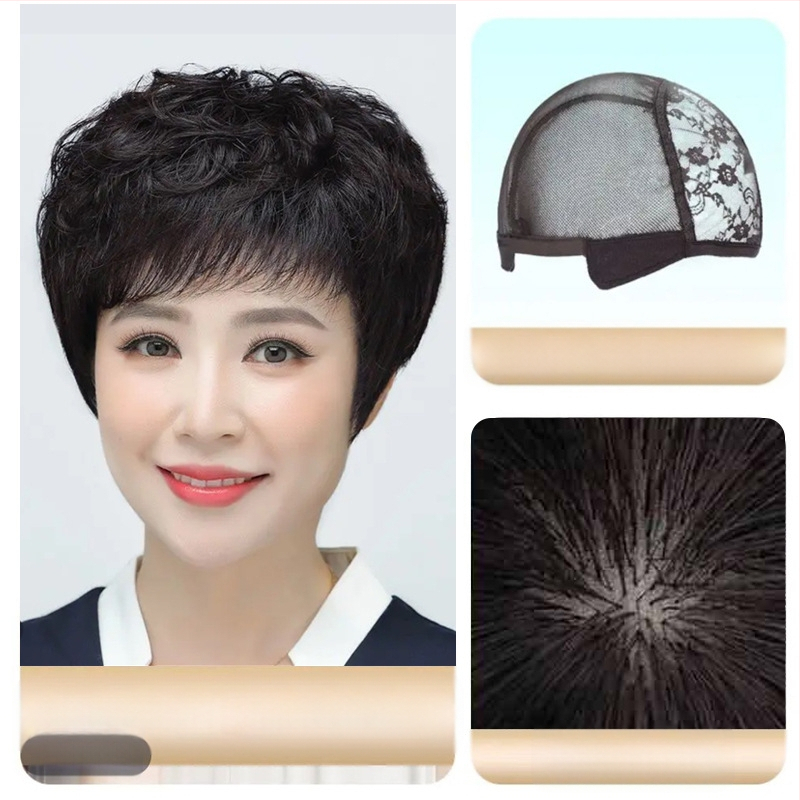 Женска перука от естествена човешка коса, къса къдрава прическа, ръчно тъкана конструкция, за дами на средна възраст и по-възрастни, покрива посивялата коса