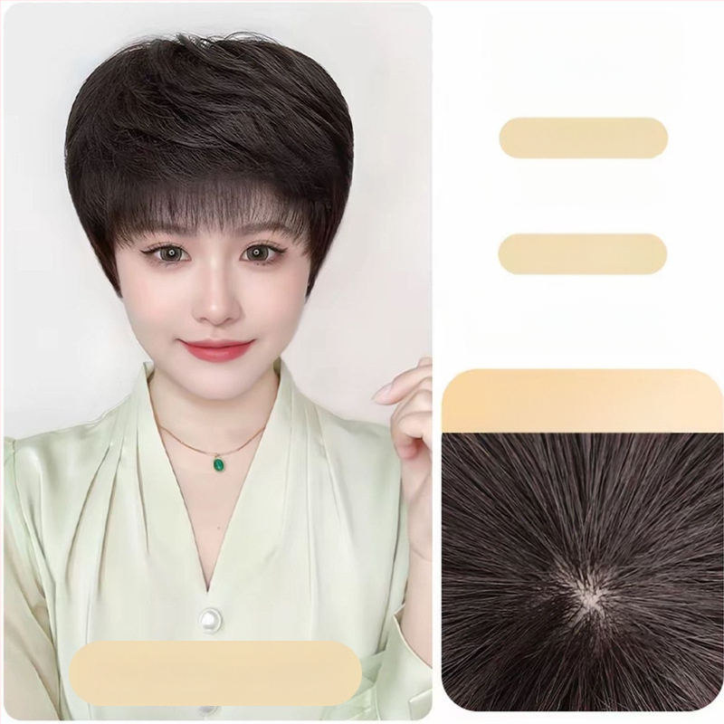 Женска перука от естествена човешка коса, къса къдрава прическа, ръчно тъкана конструкция, за дами на средна възраст и по-възрастни, покрива посивялата коса