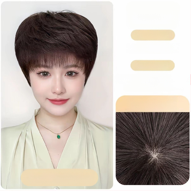 Женска перука от естествена човешка коса, къса къдрава прическа, ръчно тъкана конструкция, за дами на средна възраст и по-възрастни, покрива посивялата коса