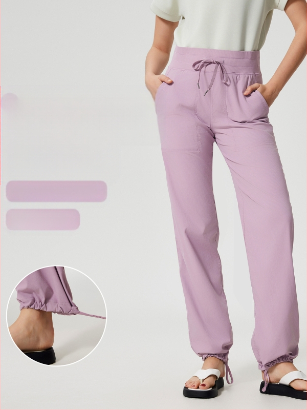 Női gyorsan száradó kültéri futó nadrág, laza szabás, középmagas derekú zsinórral, pamut-nylon keverék anyag, 95% nylon, egész éves viselet